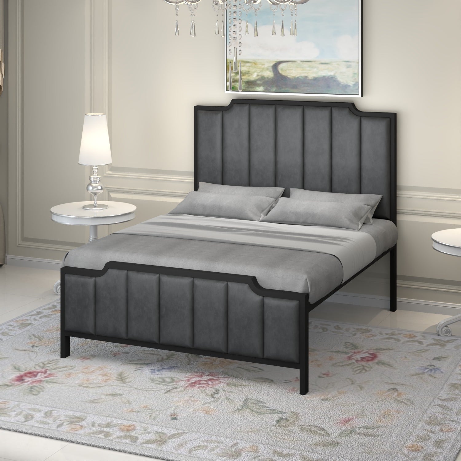 URBAN FURNISHING Modern Metal Bed Frame with Vertical Pannels Design, Upholstered Headboard, Footboard & Welded Base