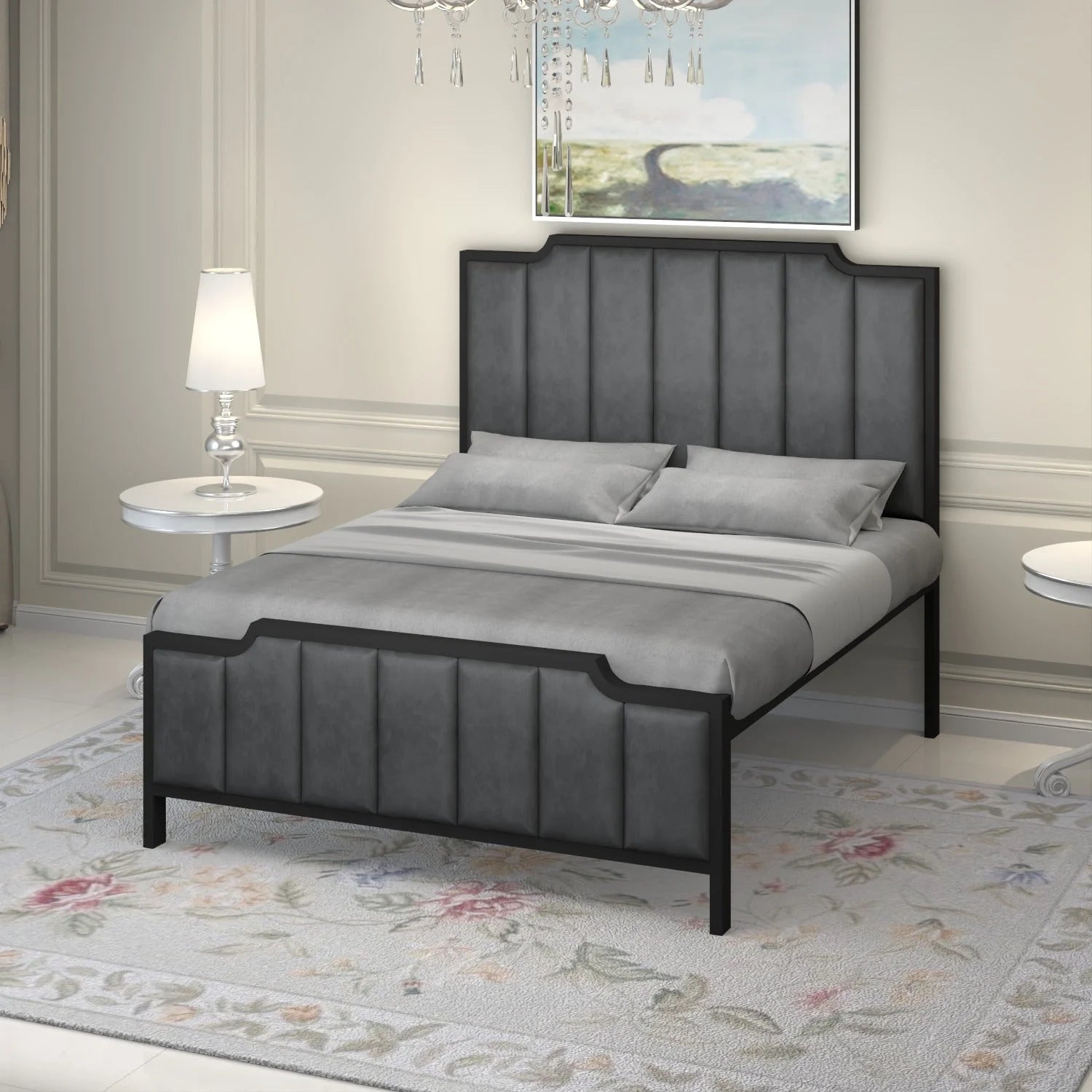 Modern Vertical Panel Upholstered Metal Bed Frame.