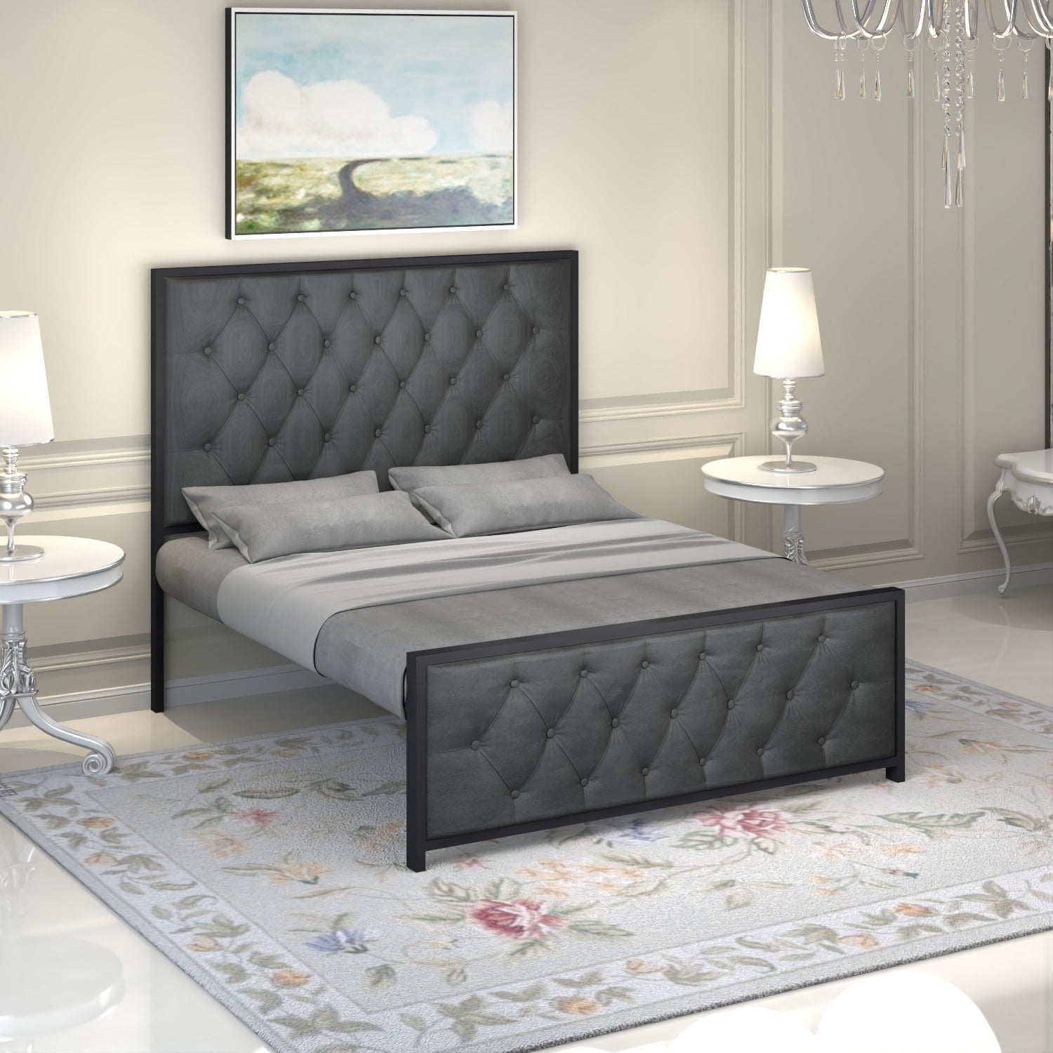 URBAN FURNISHING Modern Metal Bed Frame with Tufted Upholstered Headboard & Footboard – Diamond Button Design & Welded Base