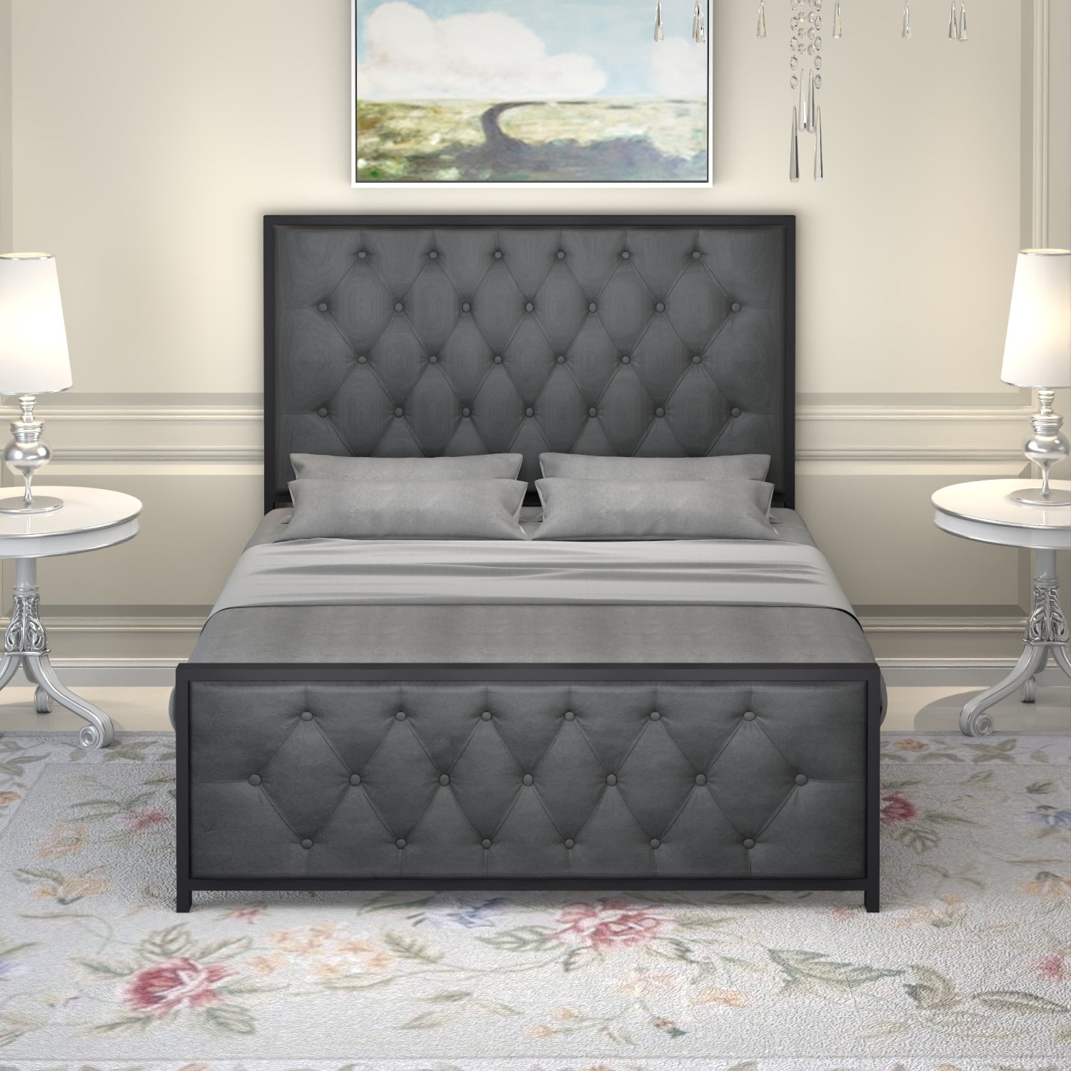 URBAN FURNISHING Modern Metal Bed Frame with Tufted Upholstered Headboard & Footboard – Diamond Button Design & Welded Base