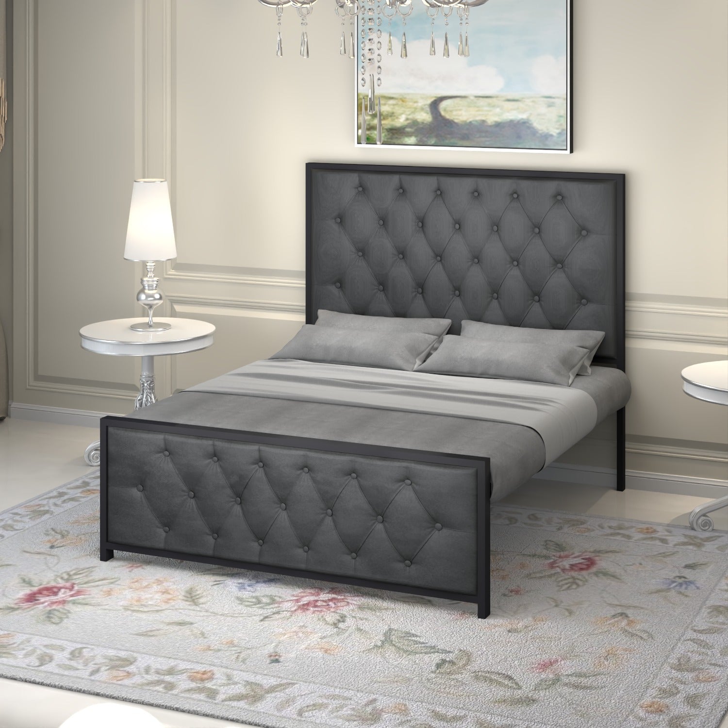 URBAN FURNISHING Modern Metal Bed Frame with Tufted Upholstered Headboard & Footboard – Diamond Button Design & Welded Base