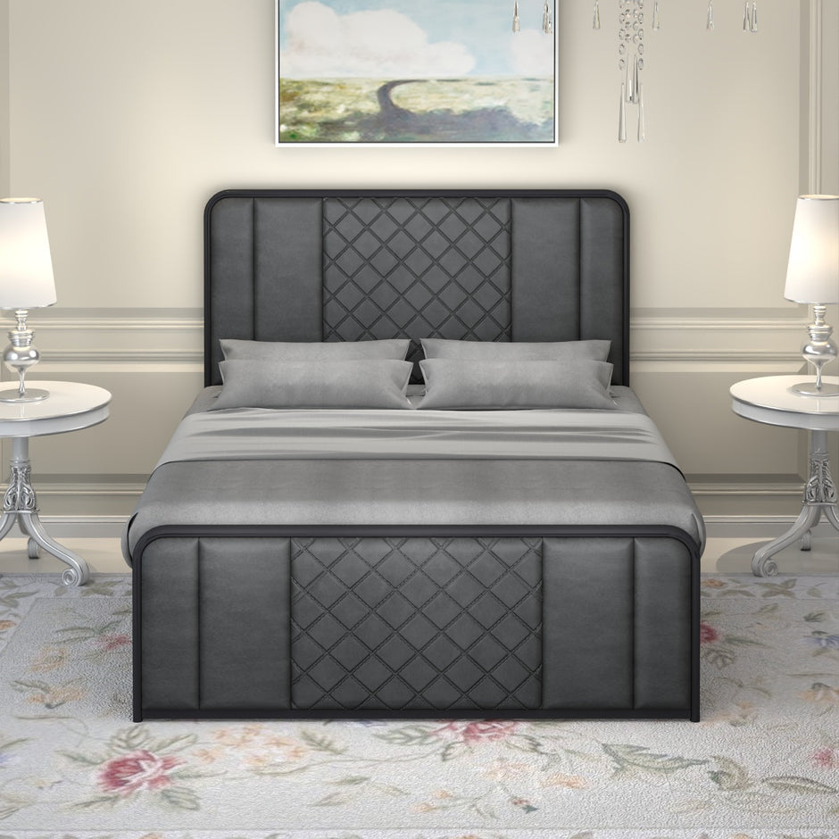 URBAN FURNISHING Modern Metal Bed Frame with Upholstered Headboard & Footboard – with Diamond Stitchin & Welded Base