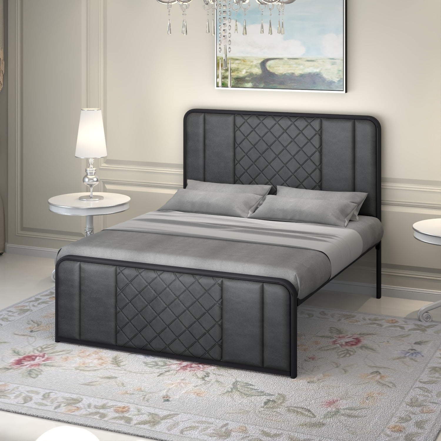 URBAN FURNISHING Modern Metal Bed Frame with Upholstered Headboard & Footboard – with Diamond Stitchin & Welded Base