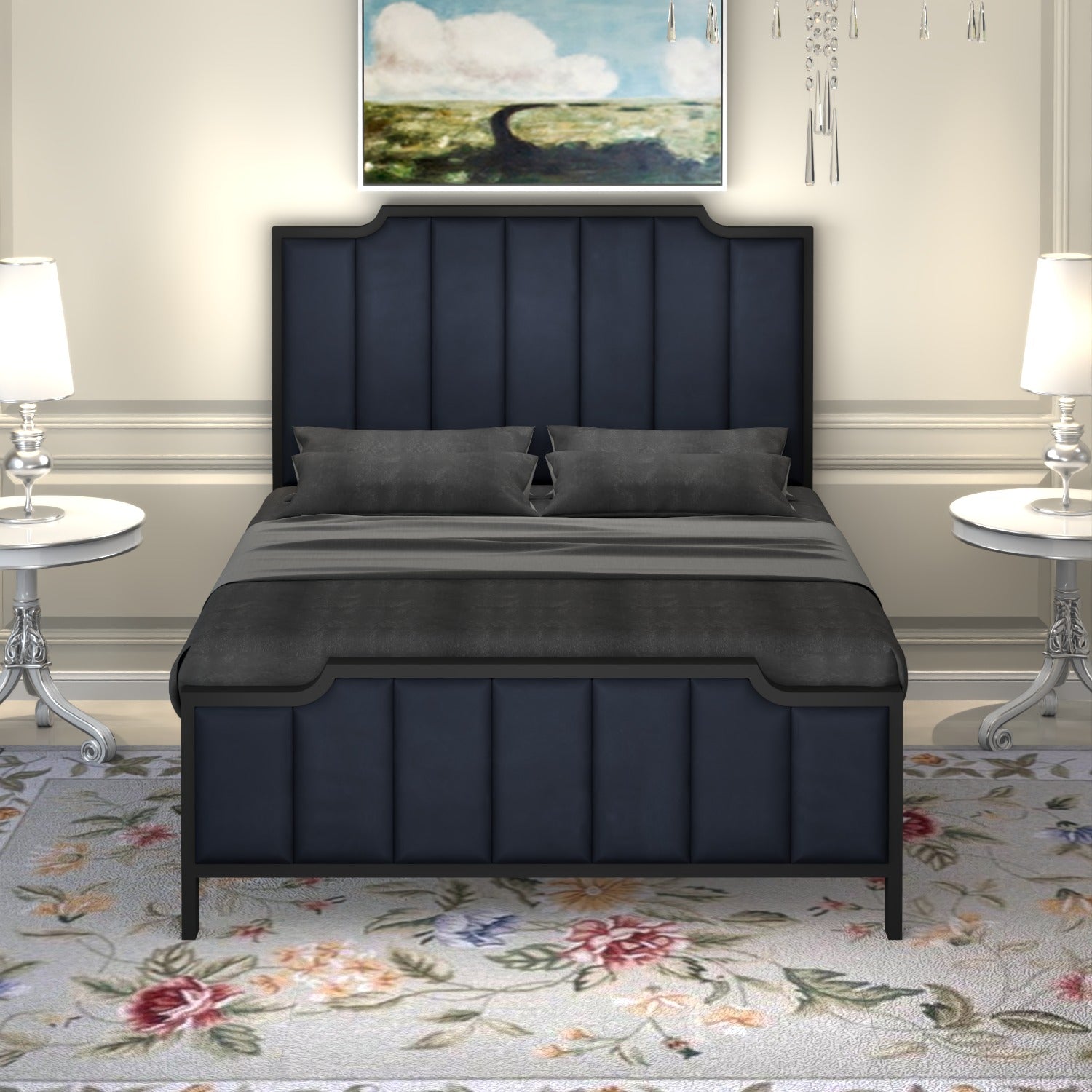 URBAN FURNISHING Modern Metal Bed Frame with Vertical Pannels Design, Upholstered Headboard, Footboard & Welded Base