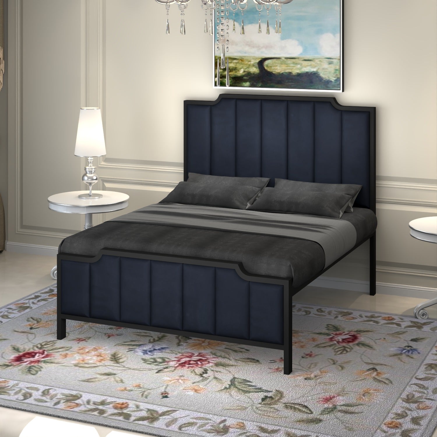 URBAN FURNISHING Modern Metal Bed Frame with Vertical Pannels Design, Upholstered Headboard, Footboard & Welded Base
