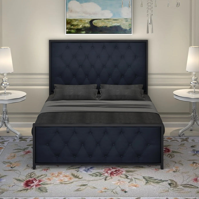 Elegant Button-Tufted Upholstered Metal Bed.
