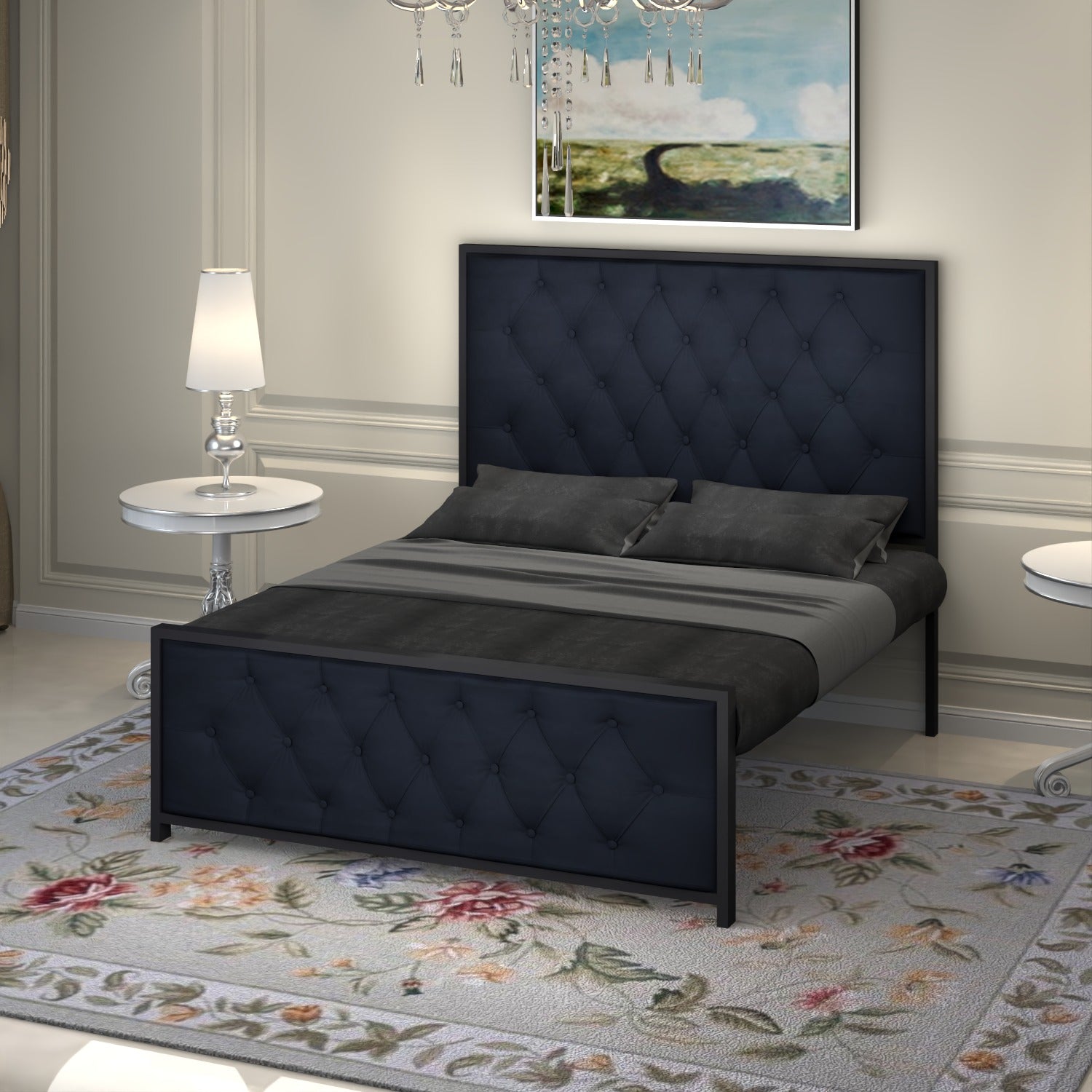 URBAN FURNISHING Modern Metal Bed Frame with Tufted Upholstered Headboard & Footboard – Diamond Button Design & Welded Base