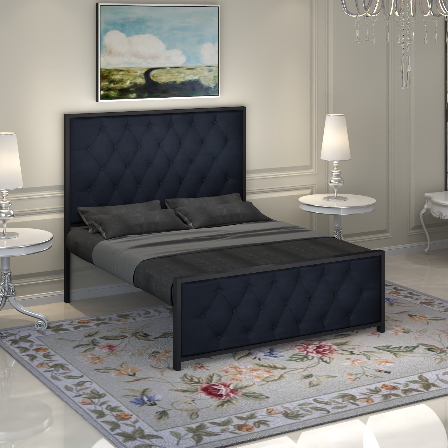 URBAN FURNISHING Modern Metal Bed Frame with Tufted Upholstered Headboard & Footboard – Diamond Button Design & Welded Base
