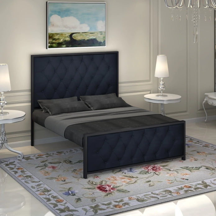 Elegant Button-Tufted Upholstered Metal Bed.