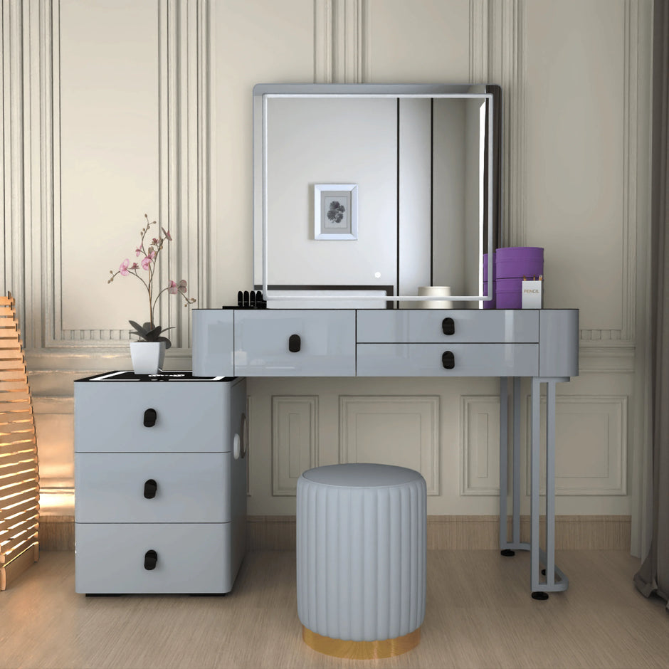 Urban Furnishing Modern Wide Vanity Set with LED Mirror, Black Glass Top, and 3-Drawer Storage