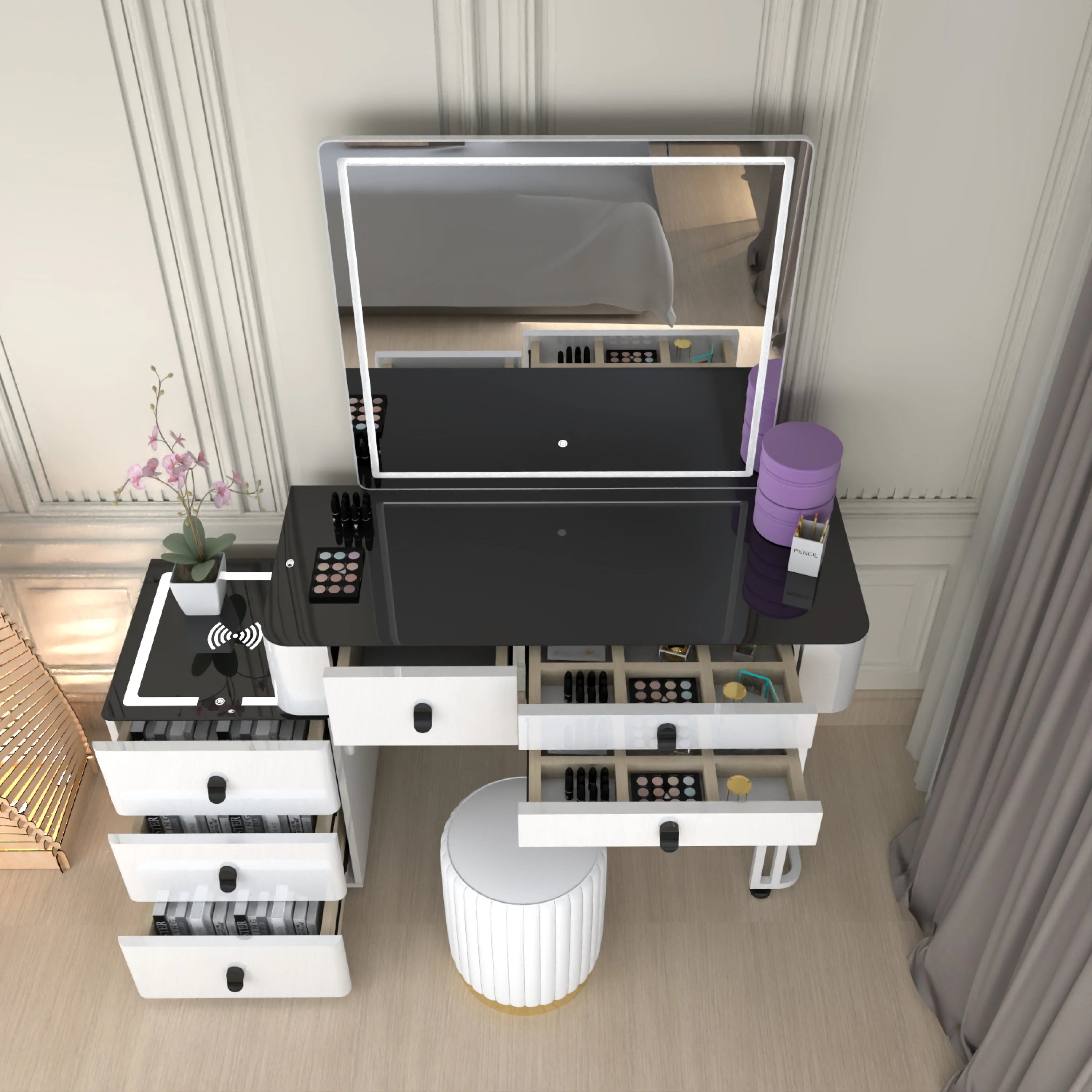 Urban Furnishing Modern Wide Vanity Set with LED Mirror, Black Glass Top, and 3-Drawer Storage