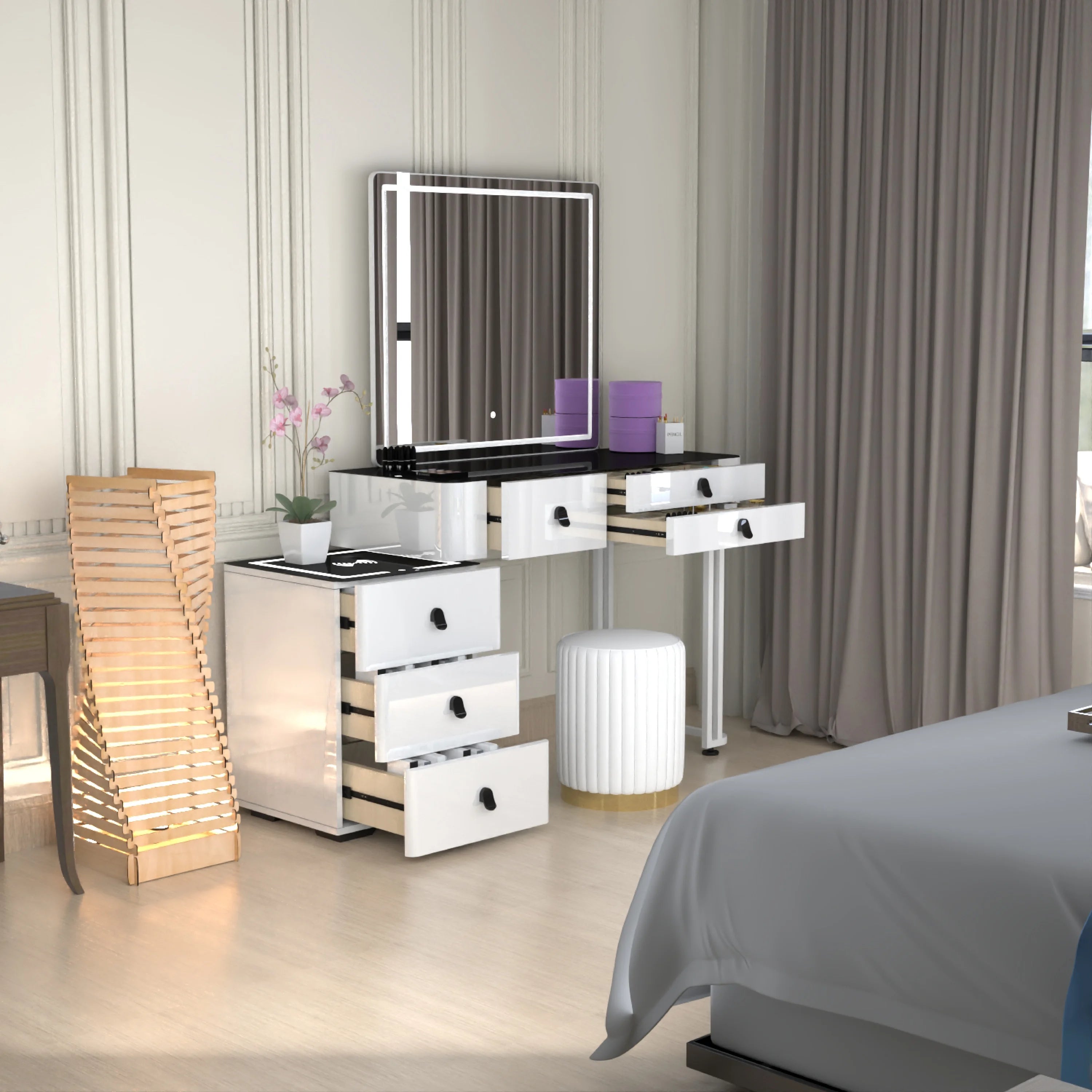 Urban Furnishing Modern Wide Vanity Set with LED Mirror, Black Glass Top, and 3-Drawer Storage