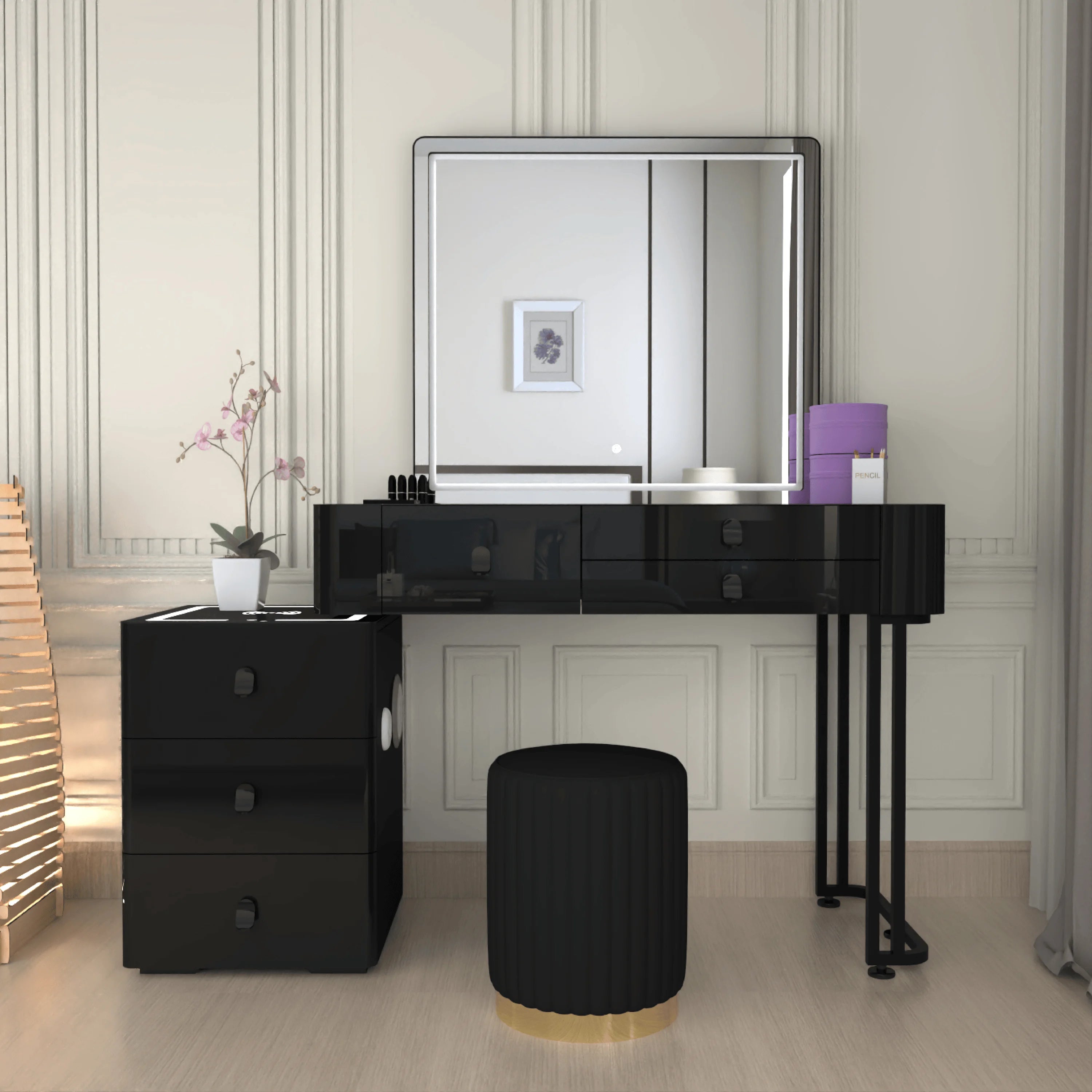 Urban Furnishing Modern Wide Vanity Set with LED Mirror, Black Glass Top, and 3-Drawer Storage