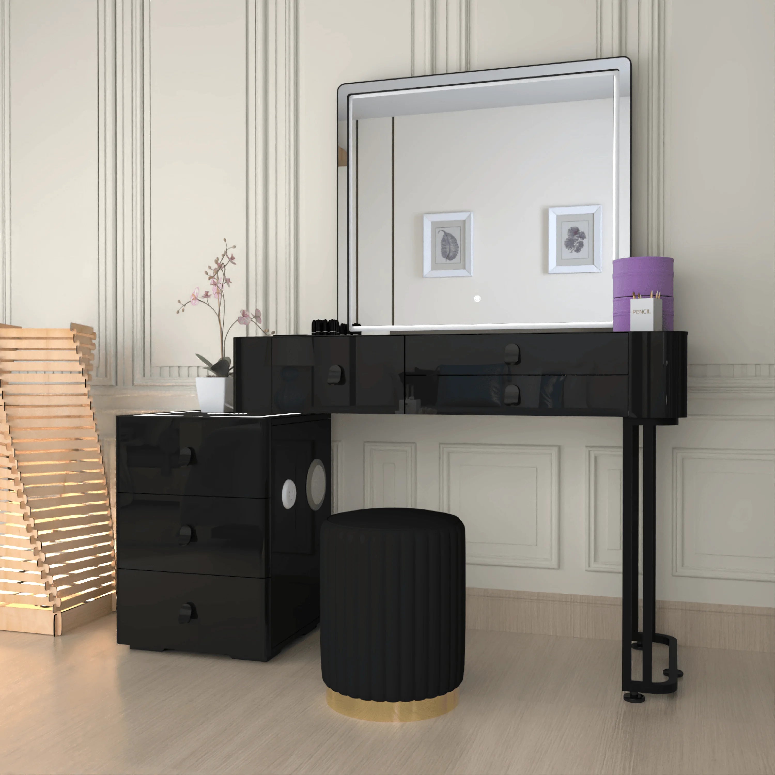 Urban Furnishing Modern Wide Vanity Set with LED Mirror, Black Glass Top, and 3-Drawer Storage