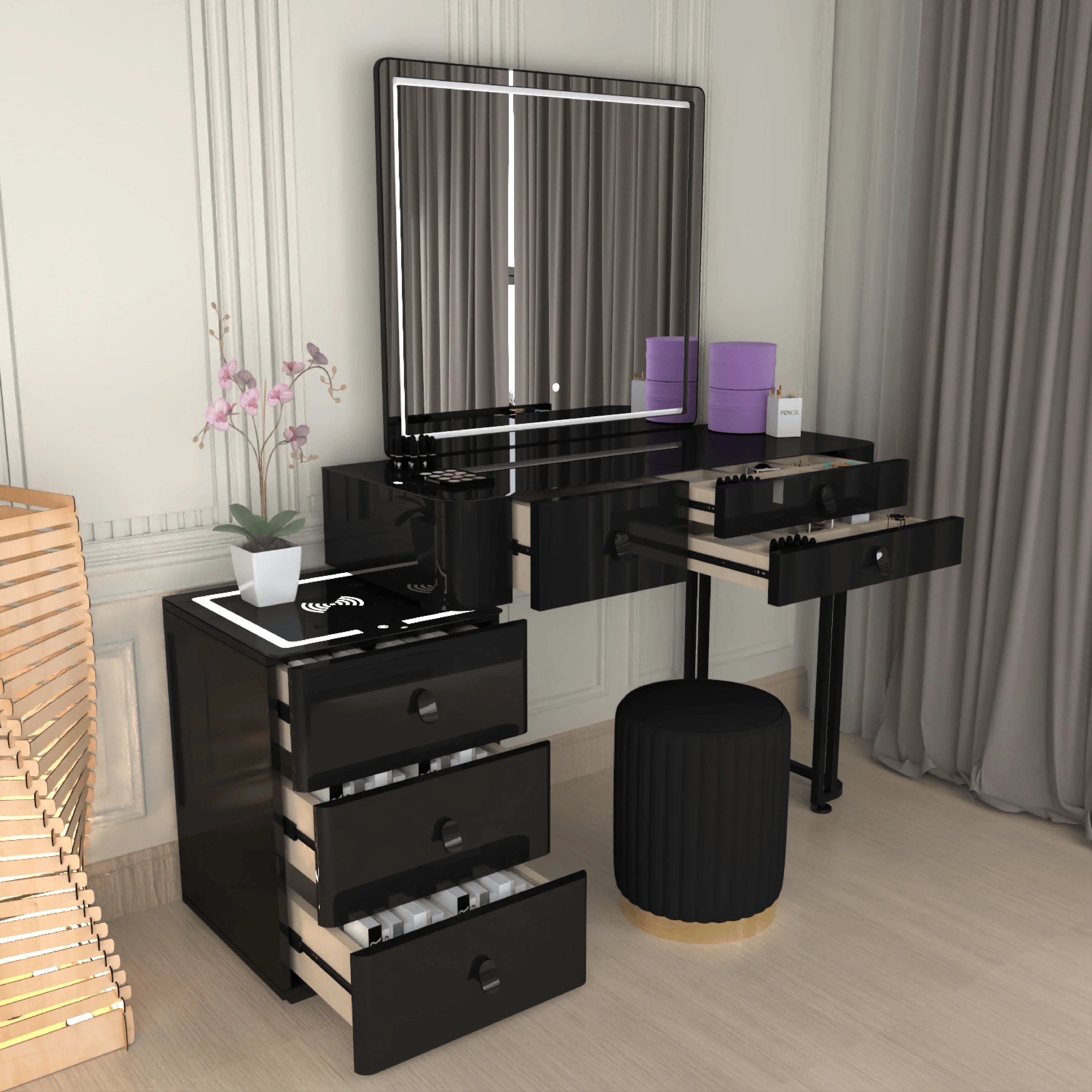 Urban Furnishing Modern Wide Vanity Set with LED Mirror, Black Glass Top, and 3-Drawer Storage