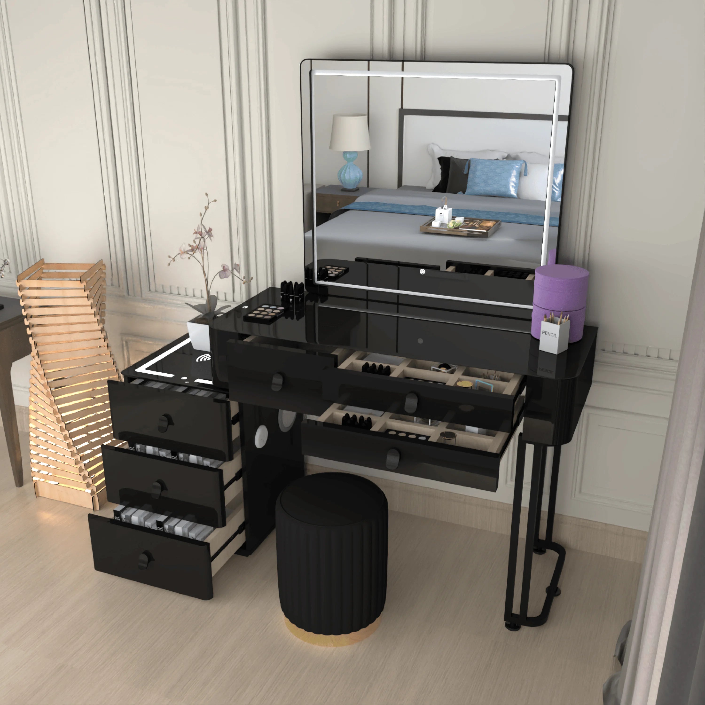 Urban Furnishing Modern Wide Vanity Set with LED Mirror, Black Glass Top, and 3-Drawer Storage