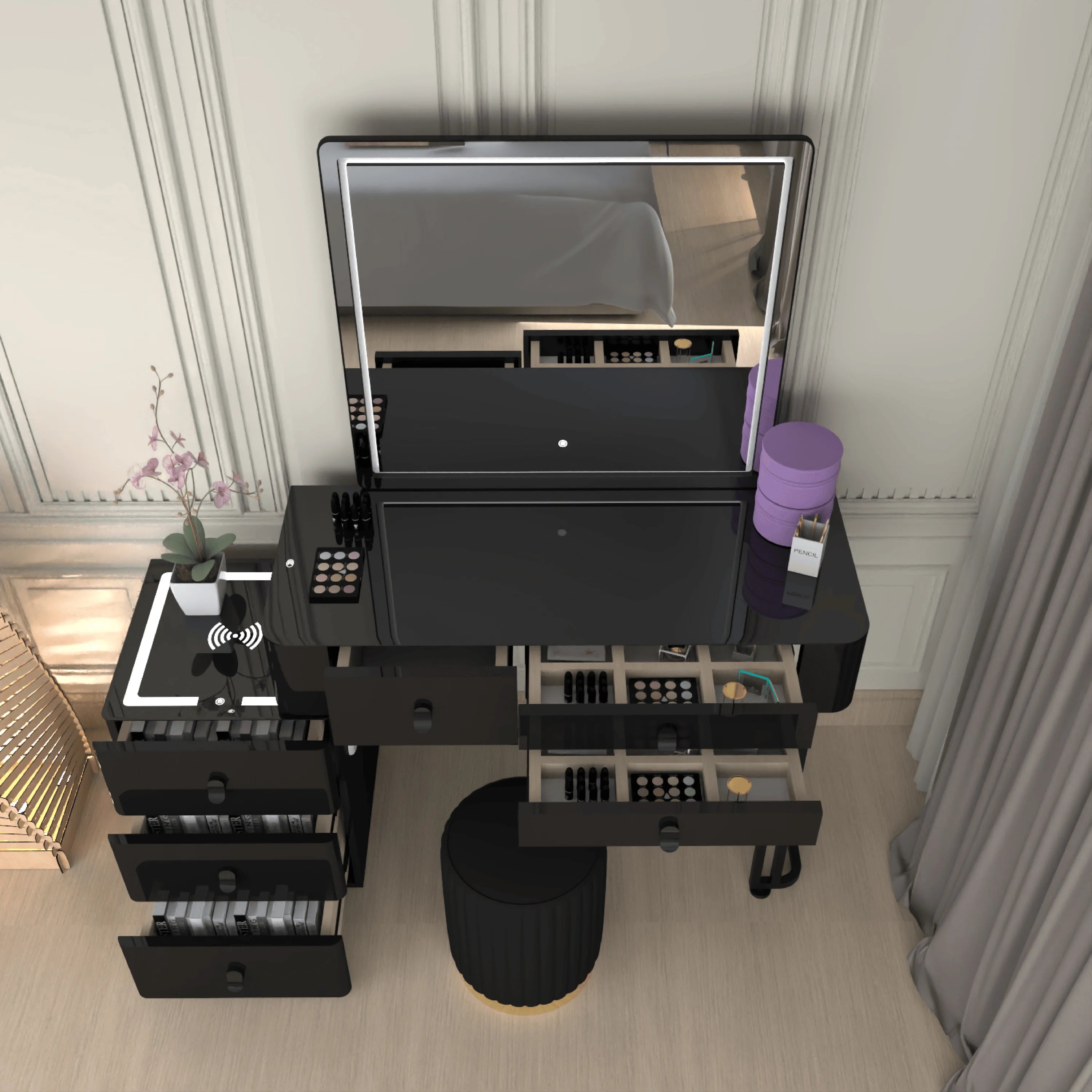 Urban Furnishing Modern Wide Vanity Set with LED Mirror, Black Glass Top, and 3-Drawer Storage