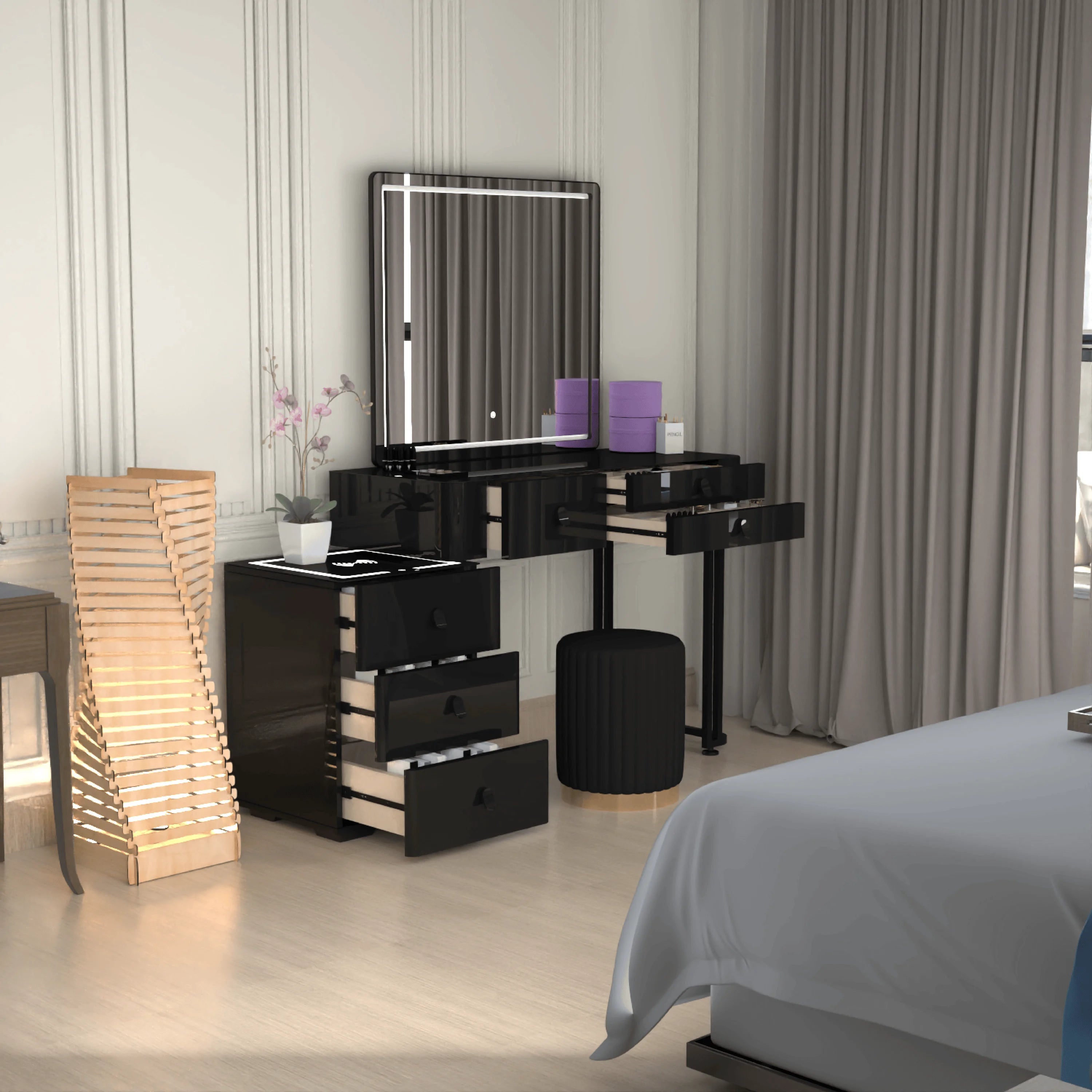 Urban Furnishing Modern Wide Vanity Set with LED Mirror, Black Glass Top, and 3-Drawer Storage