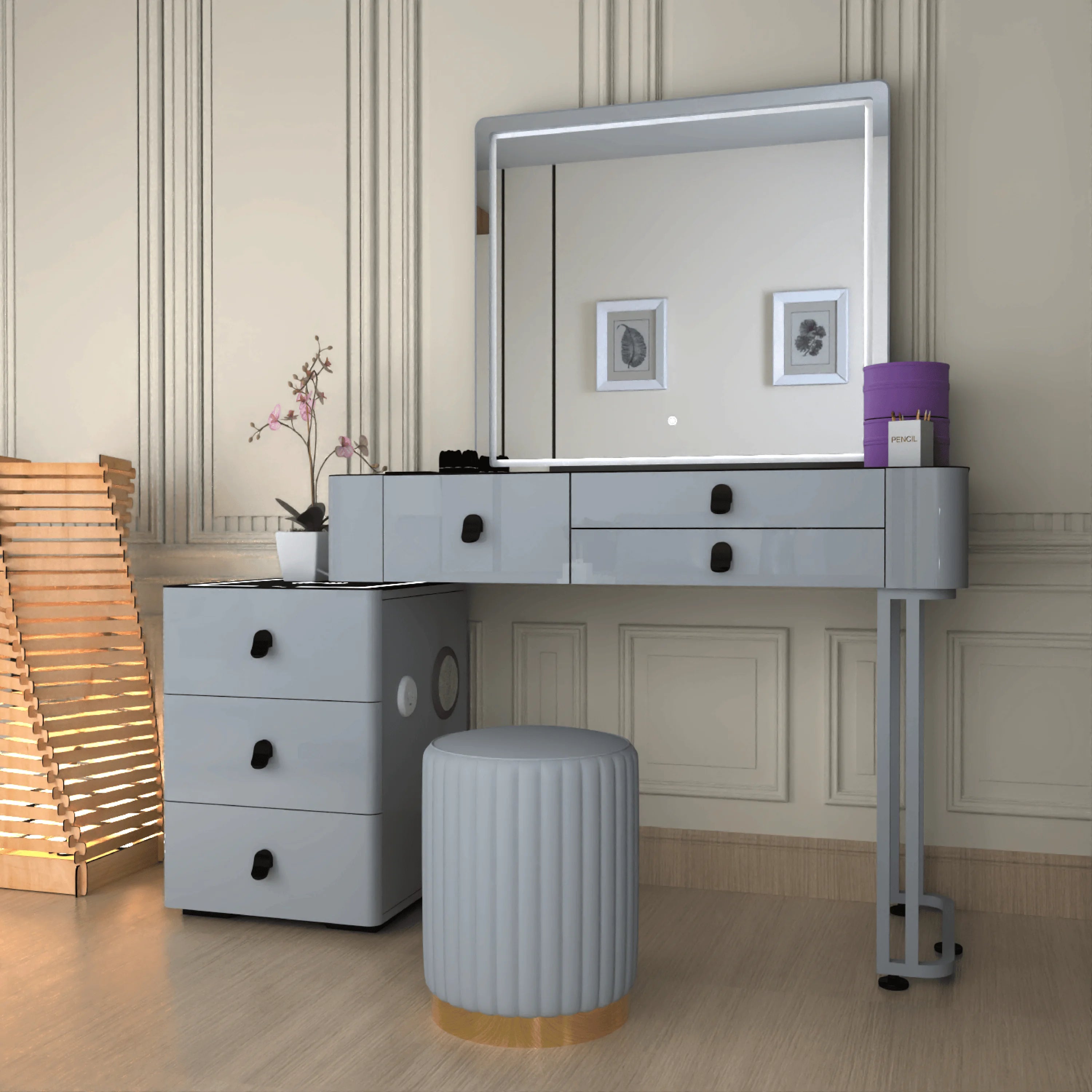 Urban Furnishing Modern Wide Vanity Set with LED Mirror, Black Glass Top, and 3-Drawer Storage
