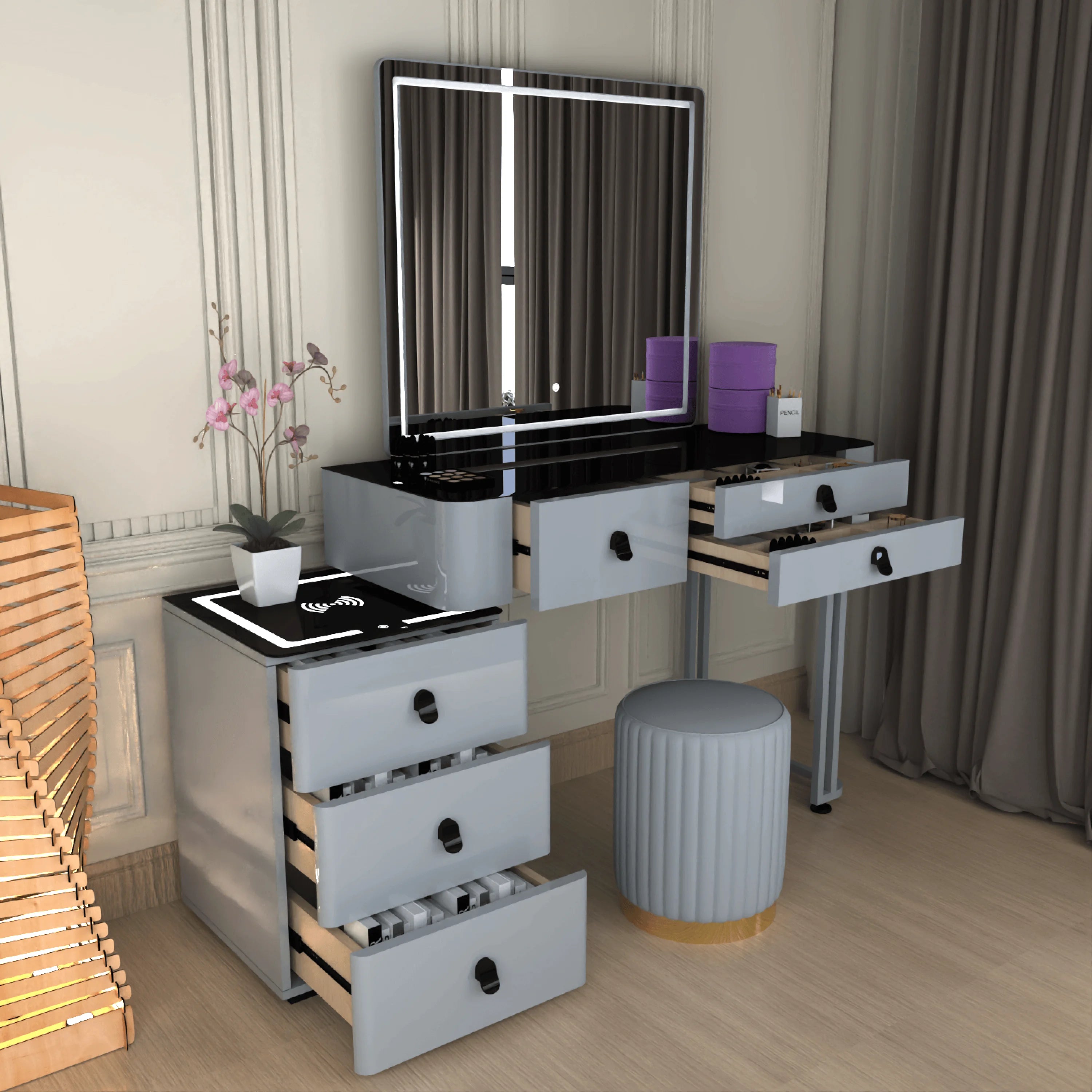 Urban Furnishing Modern Wide Vanity Set with LED Mirror, Black Glass Top, and 3-Drawer Storage