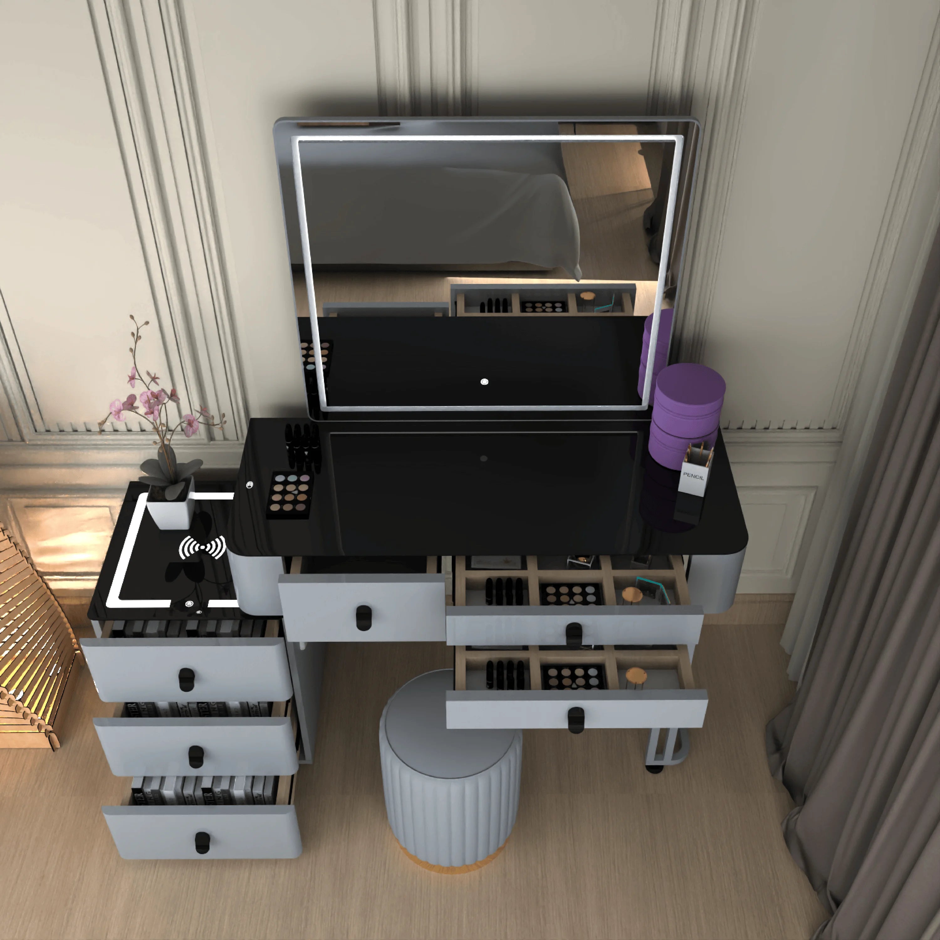 Urban Furnishing Modern Wide Vanity Set with LED Mirror, Black Glass Top, and 3-Drawer Storage