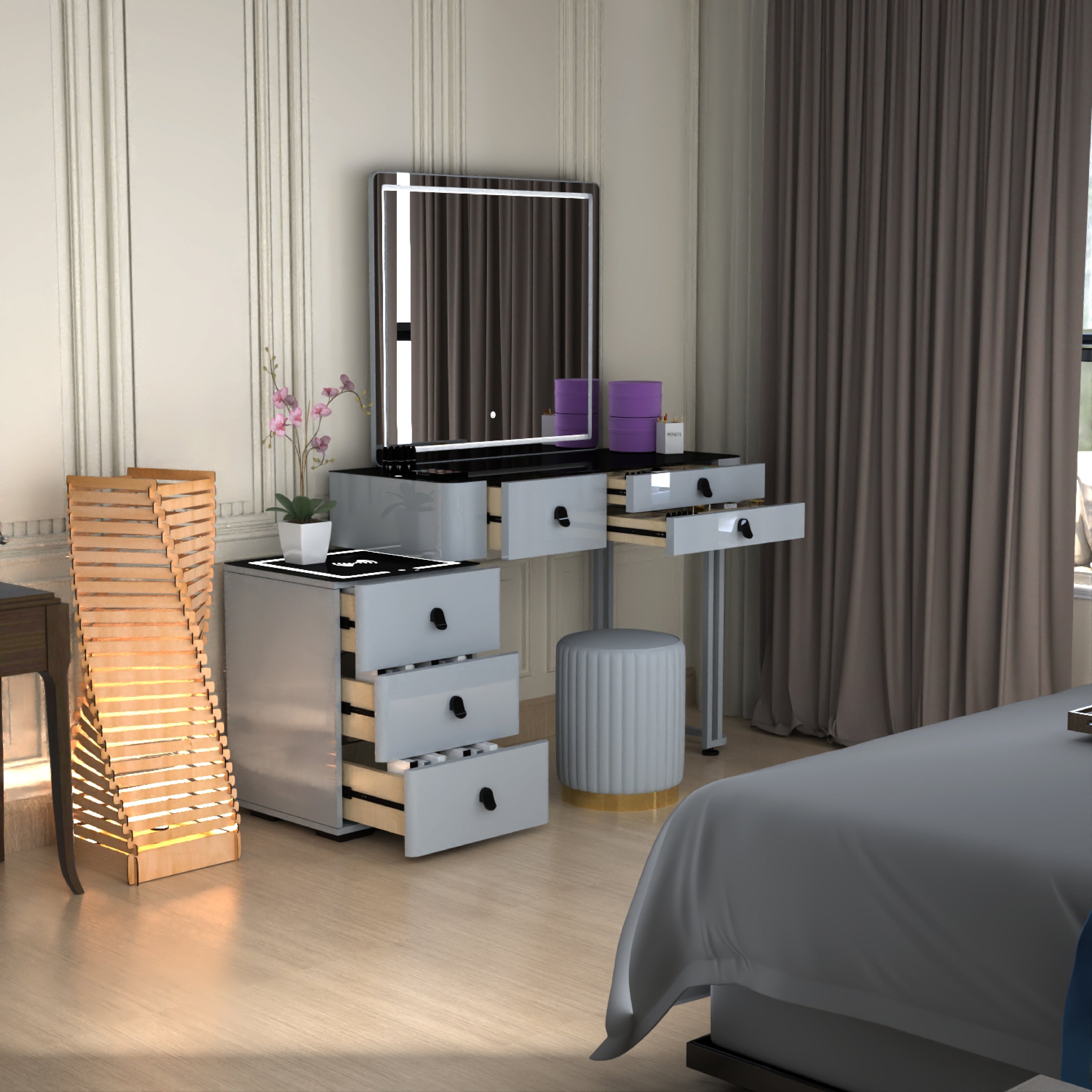 Urban Furnishing Modern White Vanity Desk with LED Mirror & Padded Stool – 7-Drawer Makeup Dressing Table
