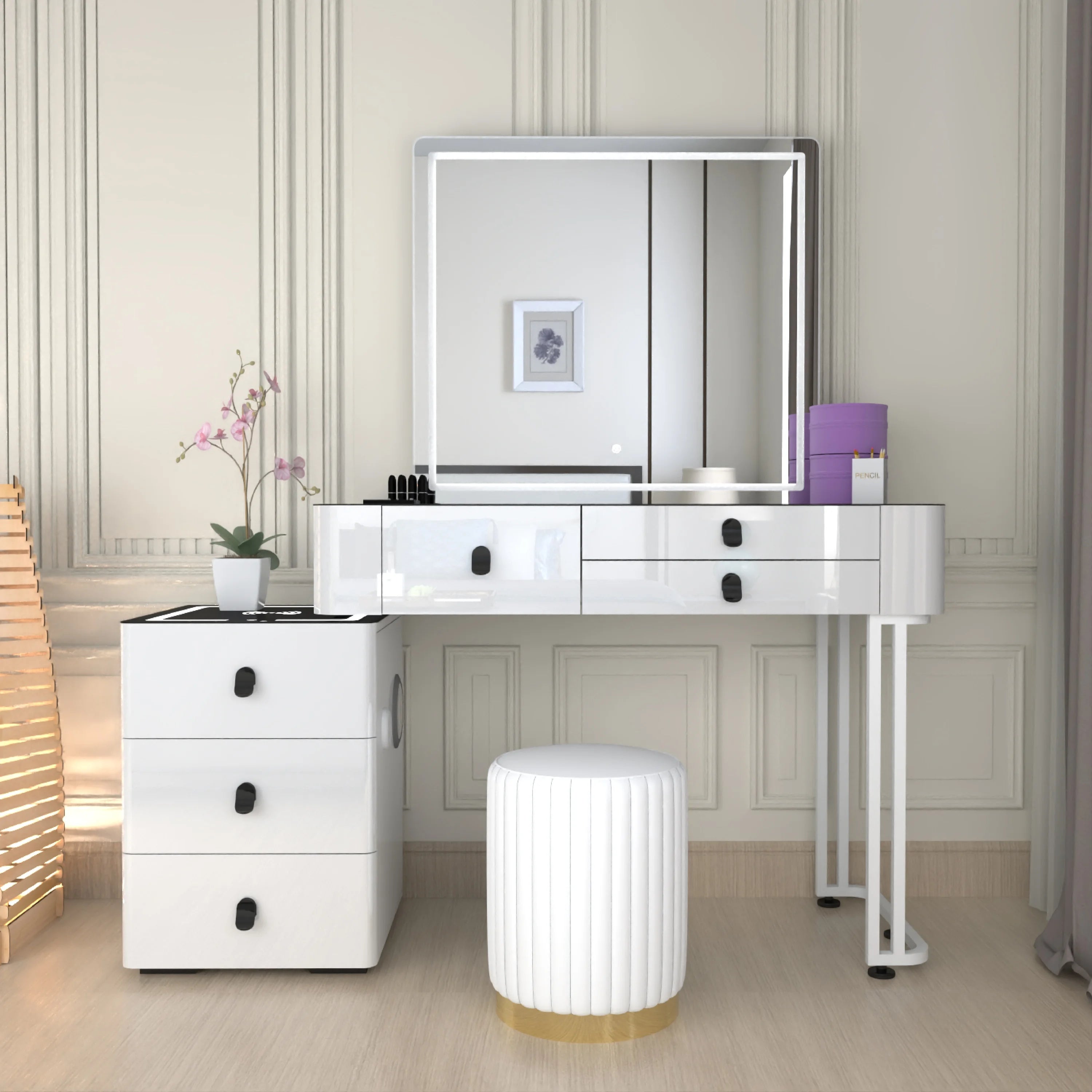 Urban Furnishing Modern Wide Vanity Set with LED Mirror, Black Glass Top, and 3-Drawer Storage