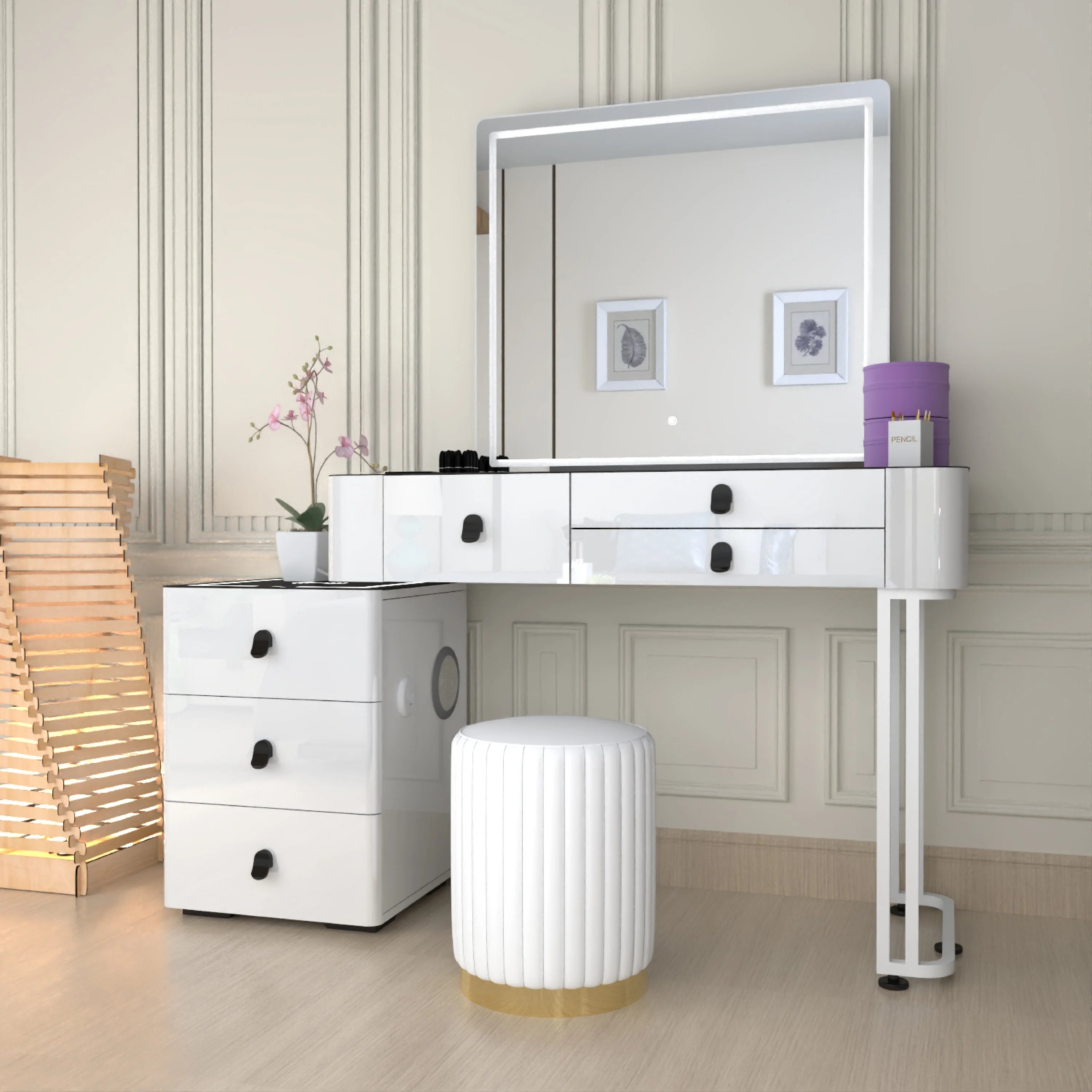 Urban Furnishing Modern Wide Vanity Set with LED Mirror, Black Glass Top, and 3-Drawer Storage