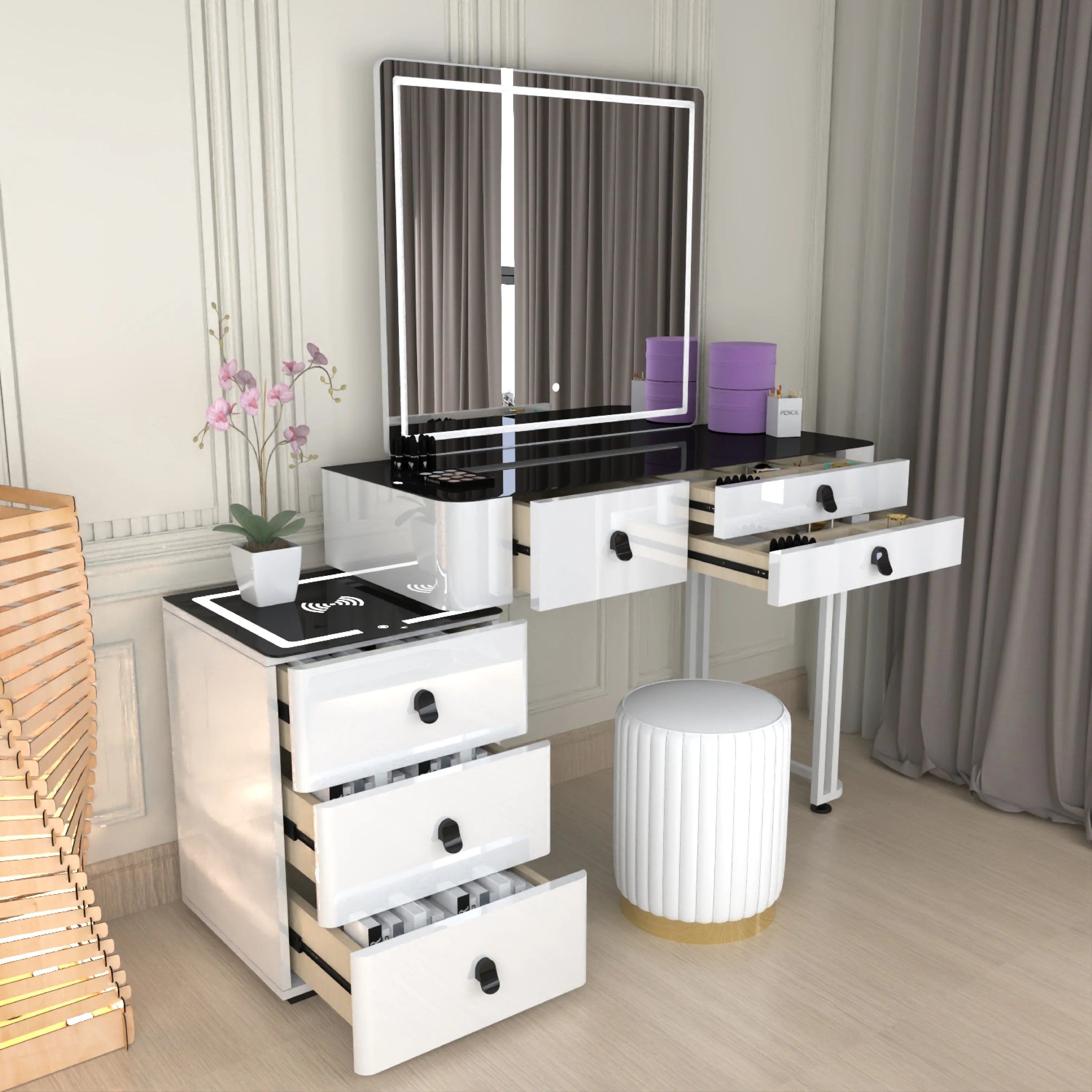 Urban Furnishing Modern Wide Vanity Set with LED Mirror, Black Glass Top, and 3-Drawer Storage