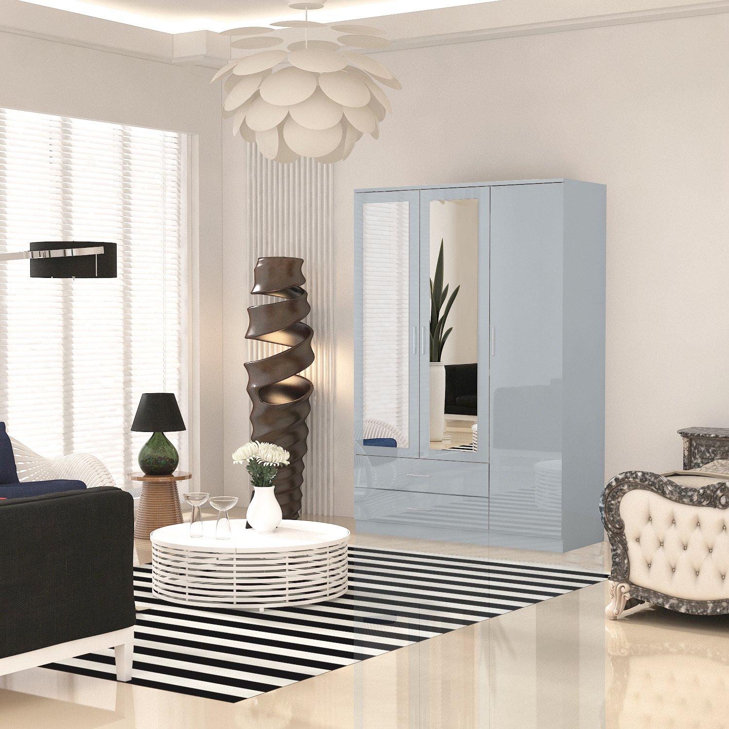 URBAN FURNISHING Modern 3-Door Wardrobe with Mirror & 2 Bottom Drawers