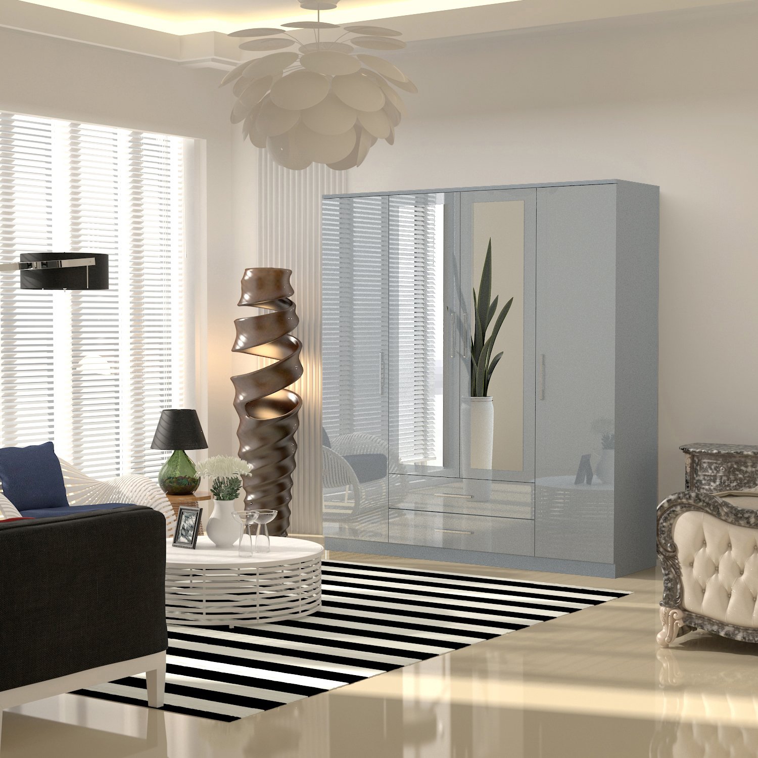 URBAN FURNISHING Modern 4-Door Wardrobe with Mirror &  2 Bottom Drawers 160CM