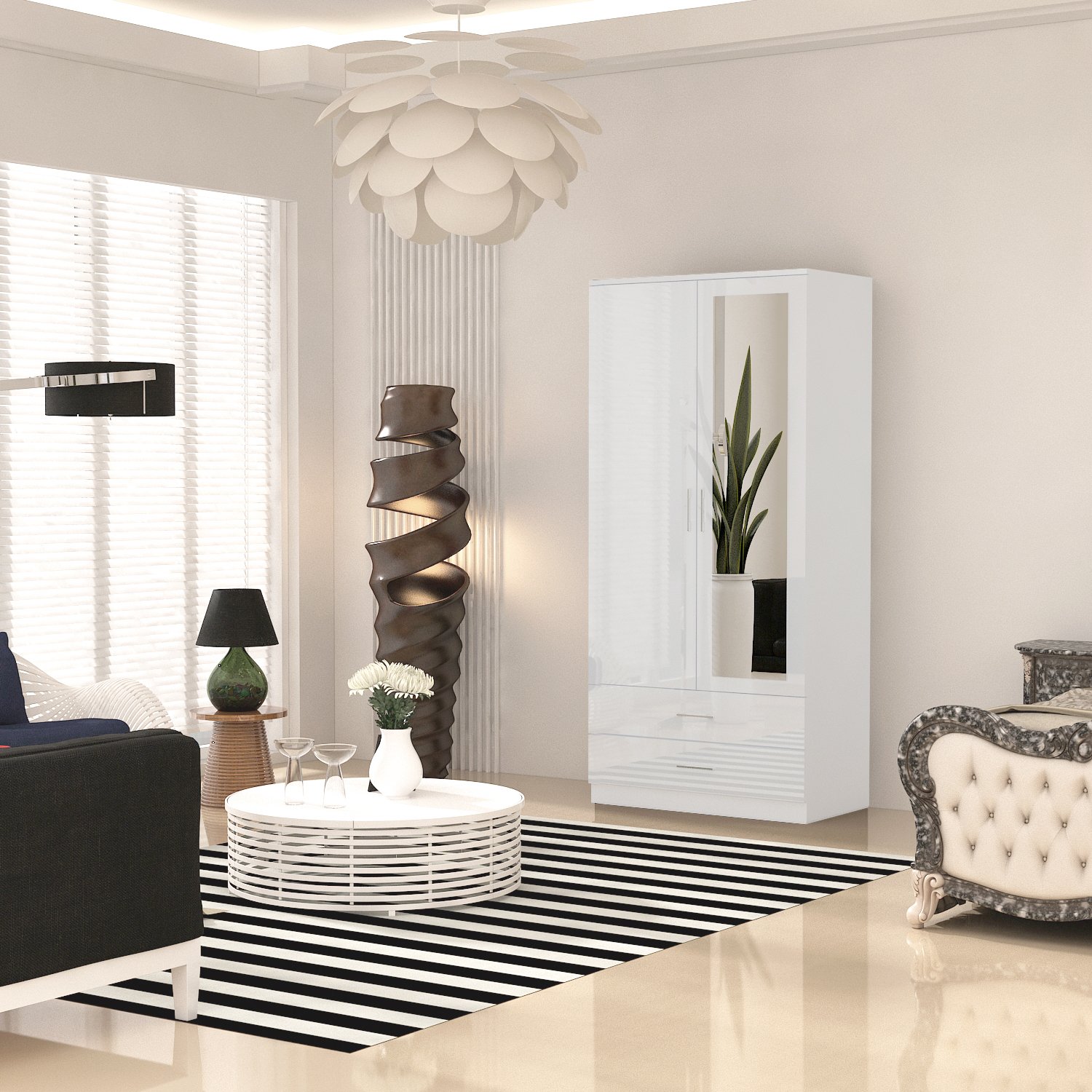 URBAN FURNISHING Modern 2-Door Wardrobe with Mirror & 2 Drawers