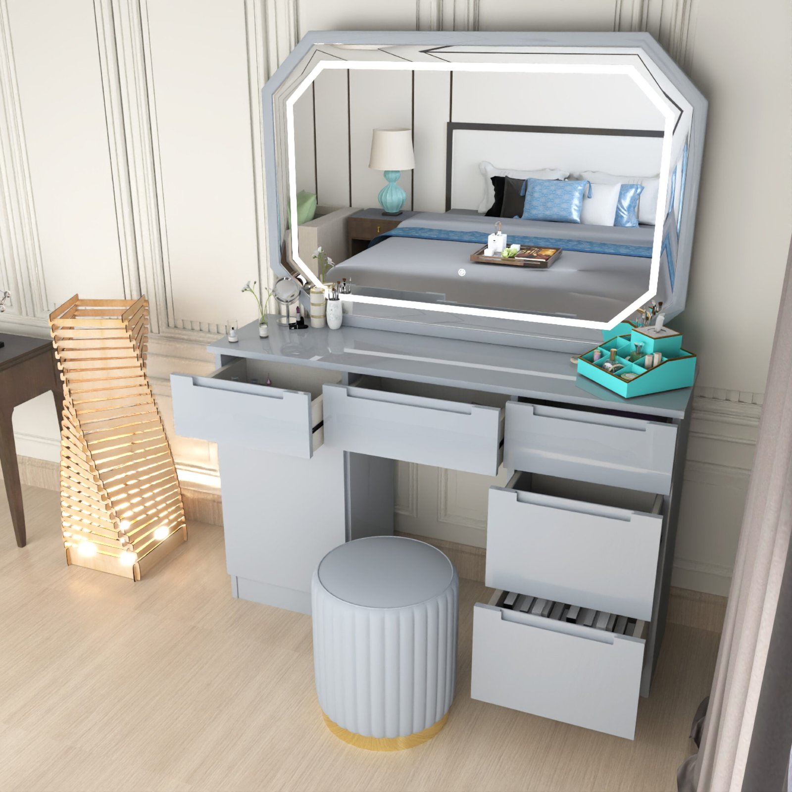 Urban Furnishing Modern White Vanity Desk with LED Mirror & Padded Stool – 7-Drawer Makeup Dressing Table