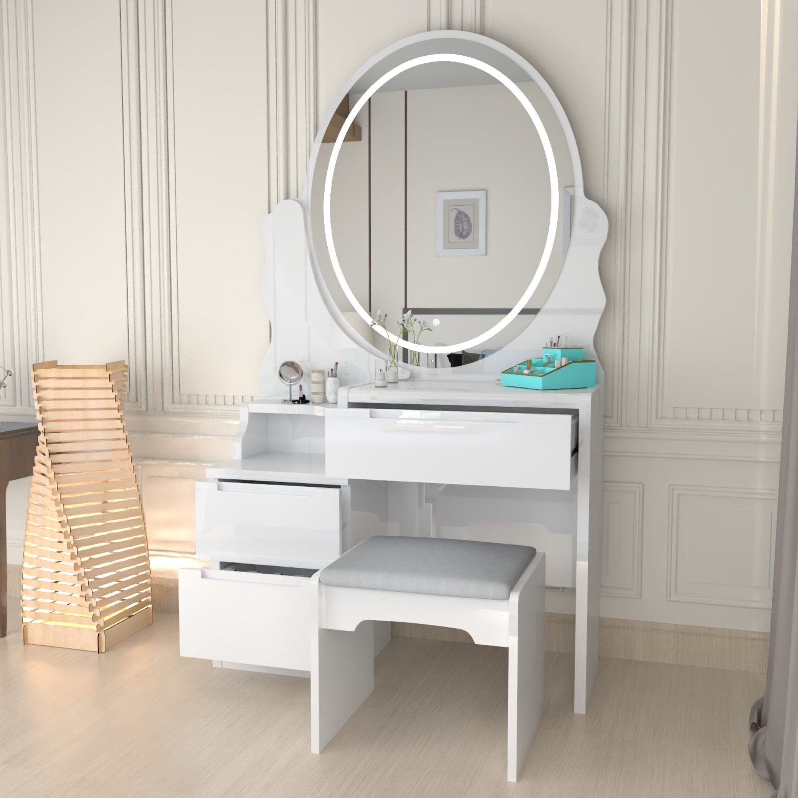 Urban Furnishing Modern White Vanity Table with LED Oval Mirror