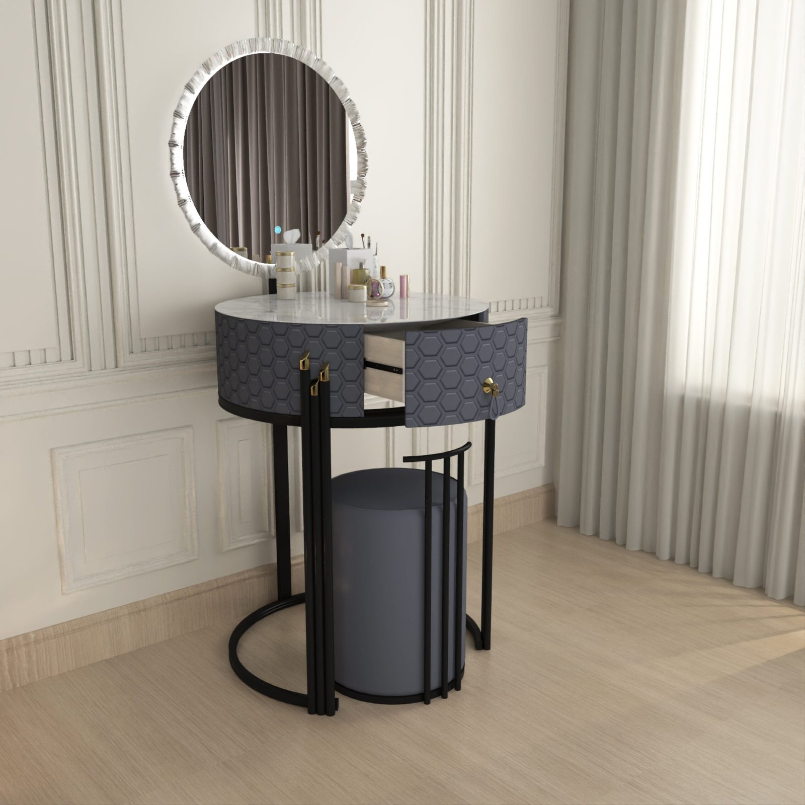 URBAN FURNISHING Modern Round Vanity Table with LED Mirror and Padded Stool