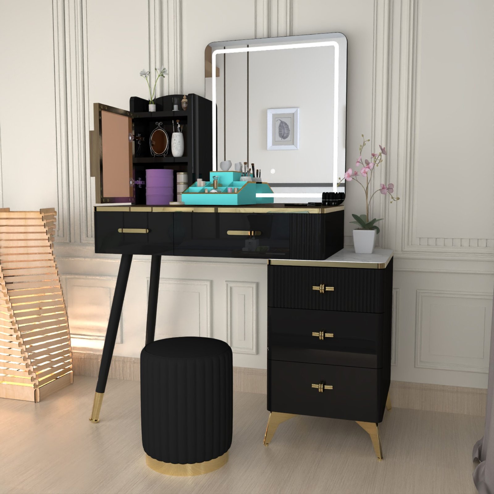Urban Furnishing Modern Vanity Table with LED Lighted Mirror –  Wide Makeup Desk with Storage Cabinet