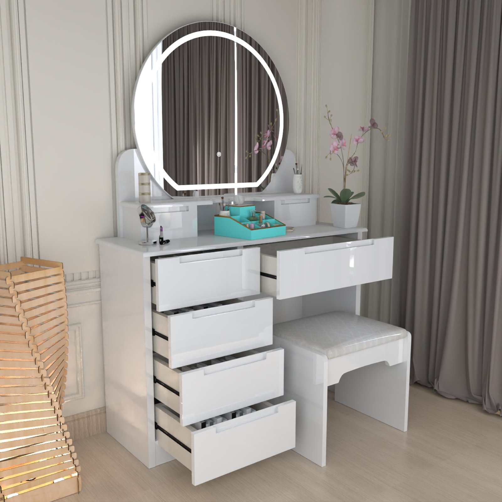 URBAN FURNISHING Wide Vanity Desk with LED Lighted Mirror
