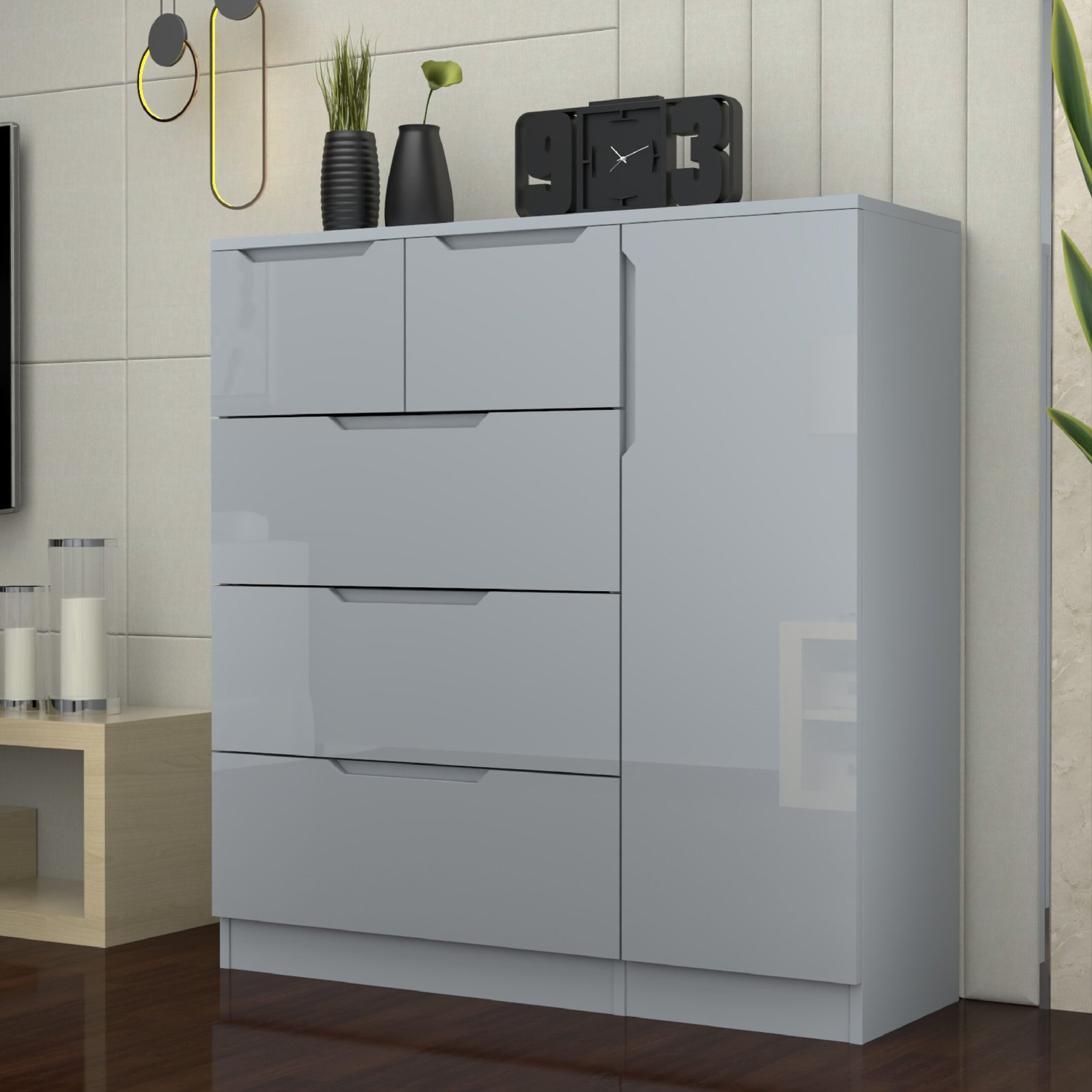 URBAN FURNISHING Modern High Gloss 5 Drawer Dresser with Side Hanging Cabinet