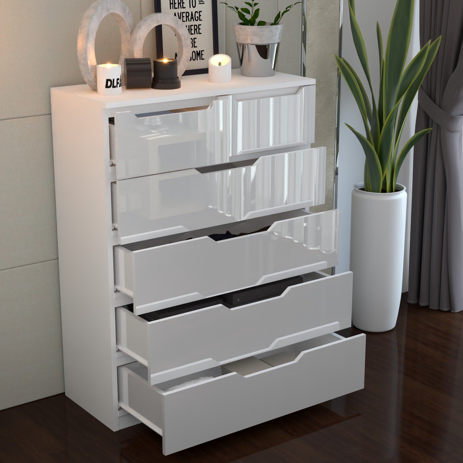Urban Furnishing Modern 3+2 Deep Drawer-High Gloss White Dresser 140H