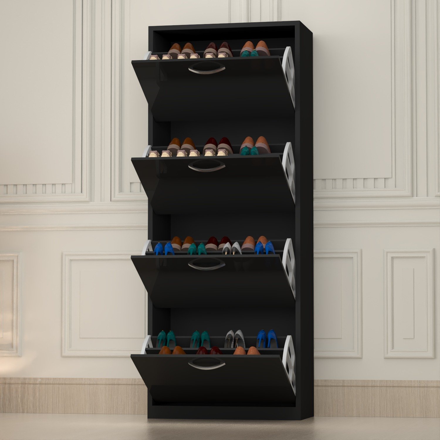 Modern 4 Tier White High Gloss Shoes Cabinet,Footwear Organizer