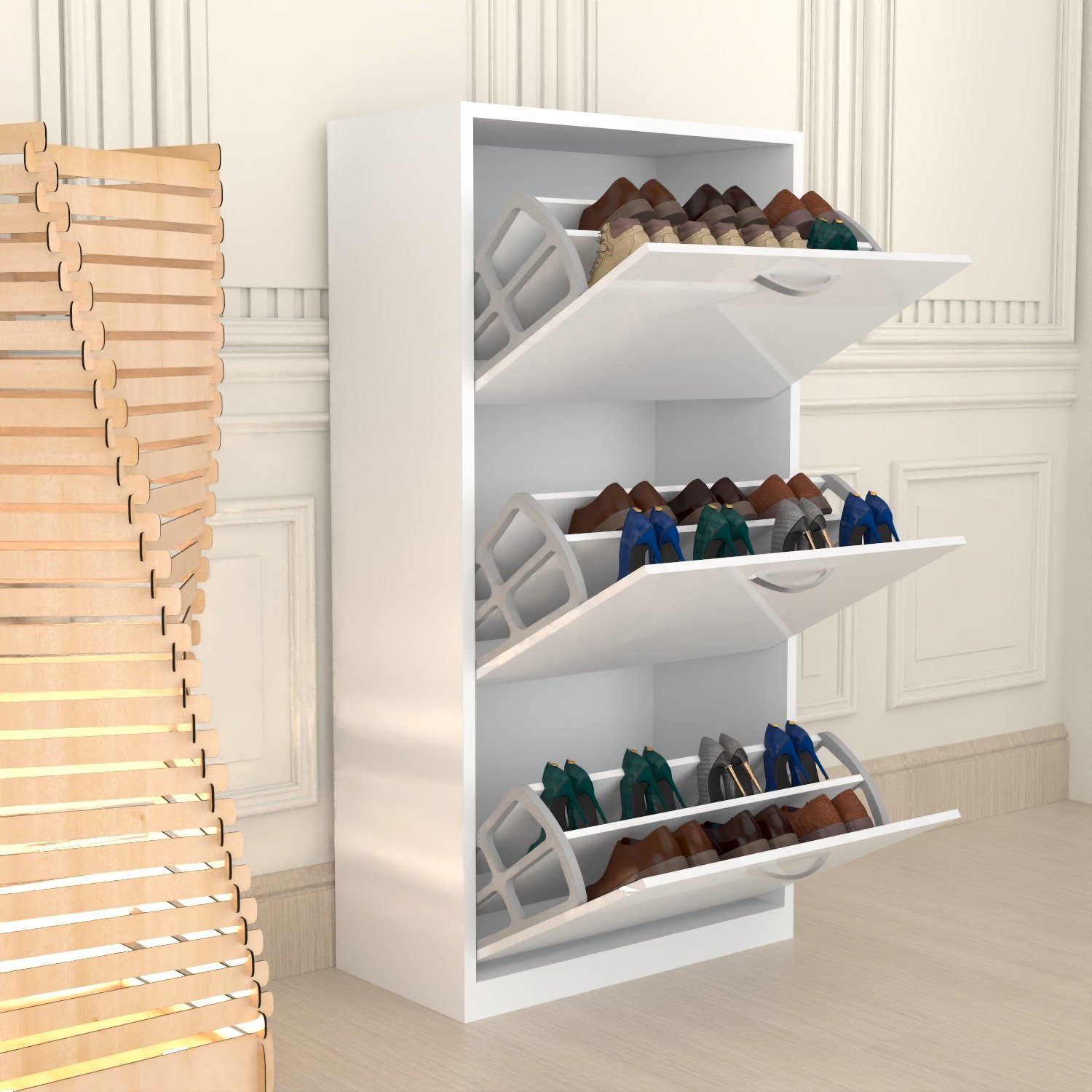 Modern 3 Tier White High Gloss Shoes Cabinet,Footwear Organizer