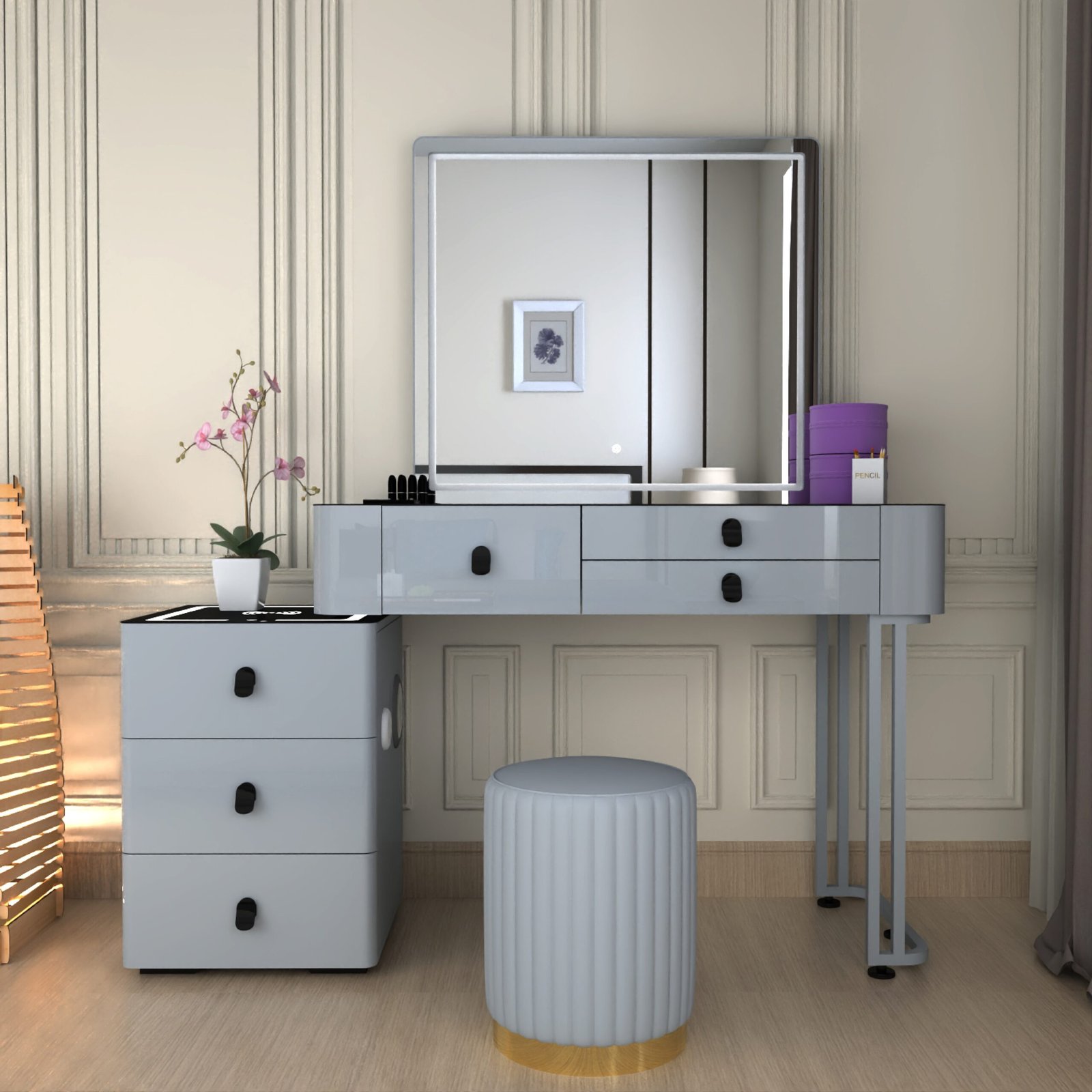 Urban Furnishing Modern Wide Vanity Set with LED Mirror, Black Glass Top, and 3-Drawer Storage